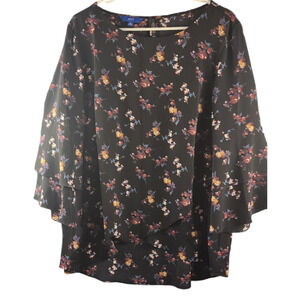 Apt.9 Black Floral Design Bell Sleeve Layered Blouse Women's XL